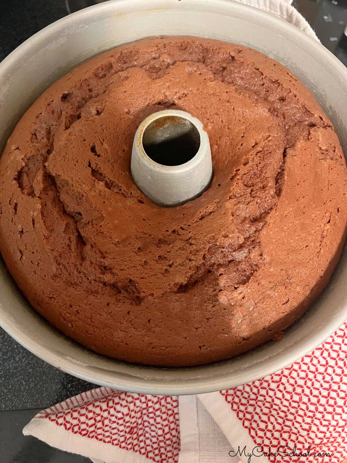 Chocolate Sour Cream Pound Cake, freshly baked in pan.