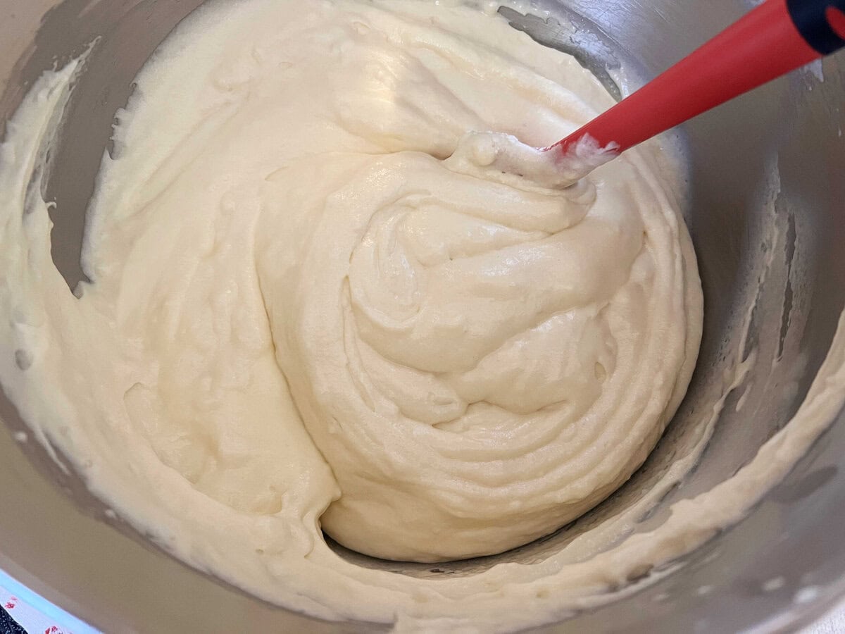 Bowl of batter for Champagne Velvet Cake.